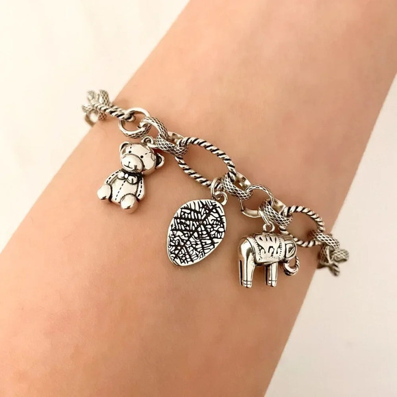 925 Sterling Silver Elephant Bear Leaf Charm Bracelet Chain Link Bracelet - Picture 1 of 7